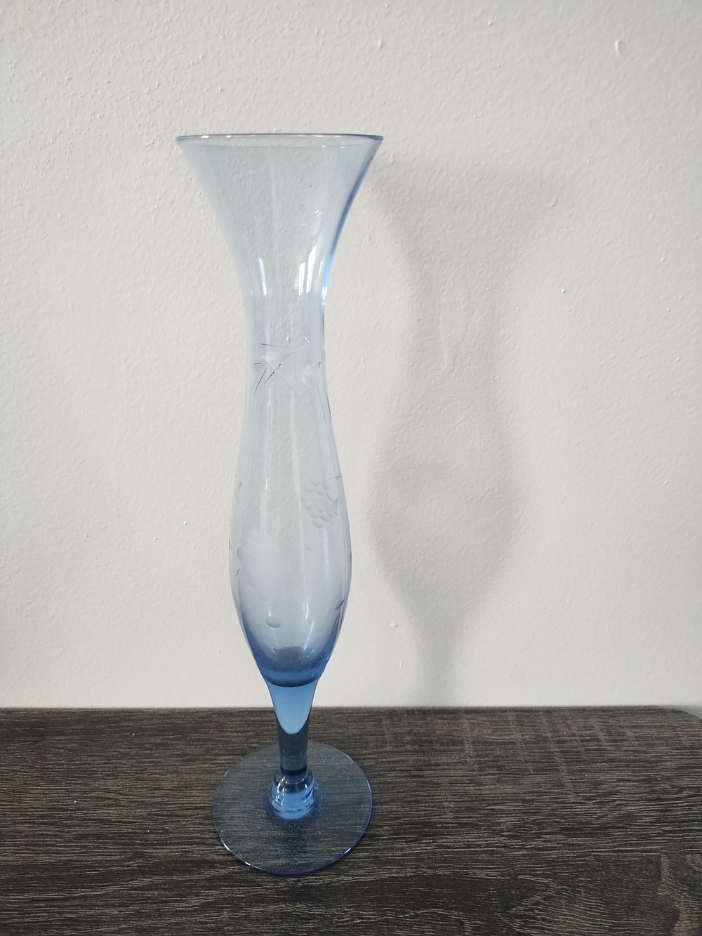Vintage Tall Delicate Blue Etched Glass Vase